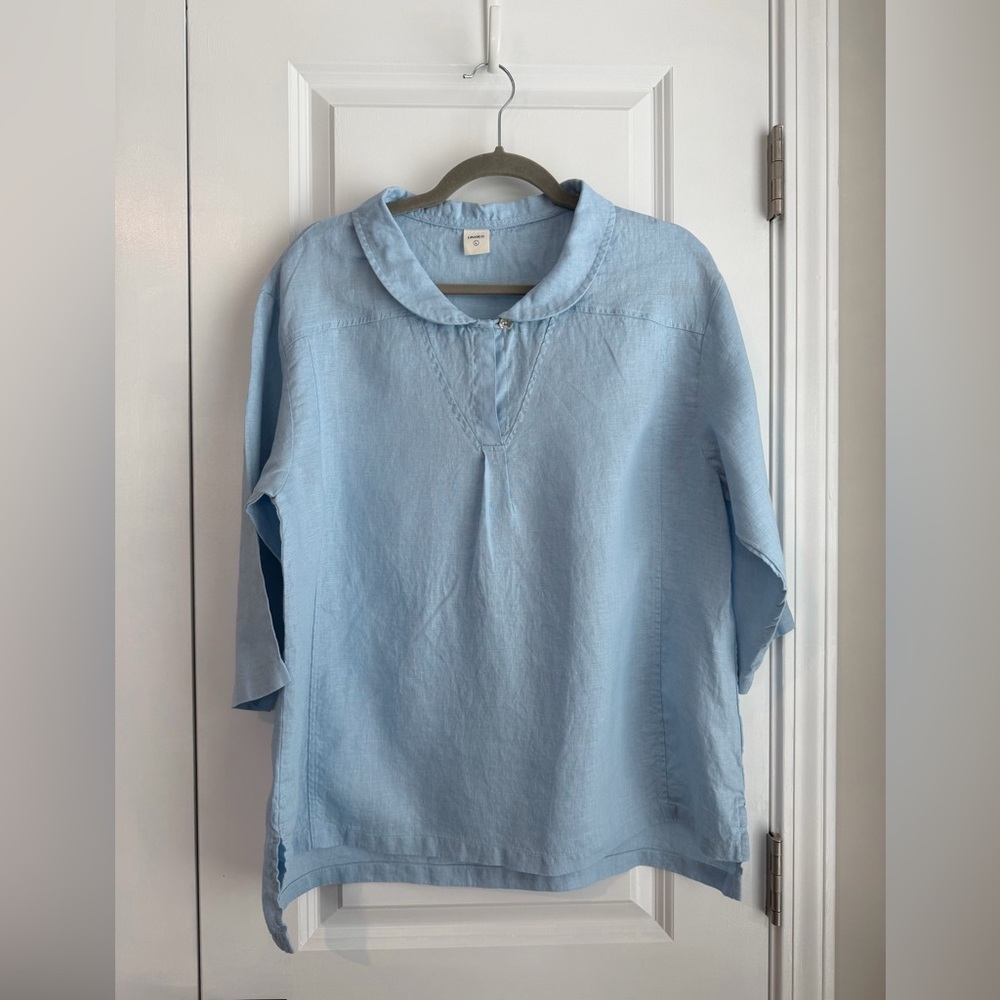 LINTICO Linen Shawl V-Neck Half Sleeve Top Jade Blue Size Large